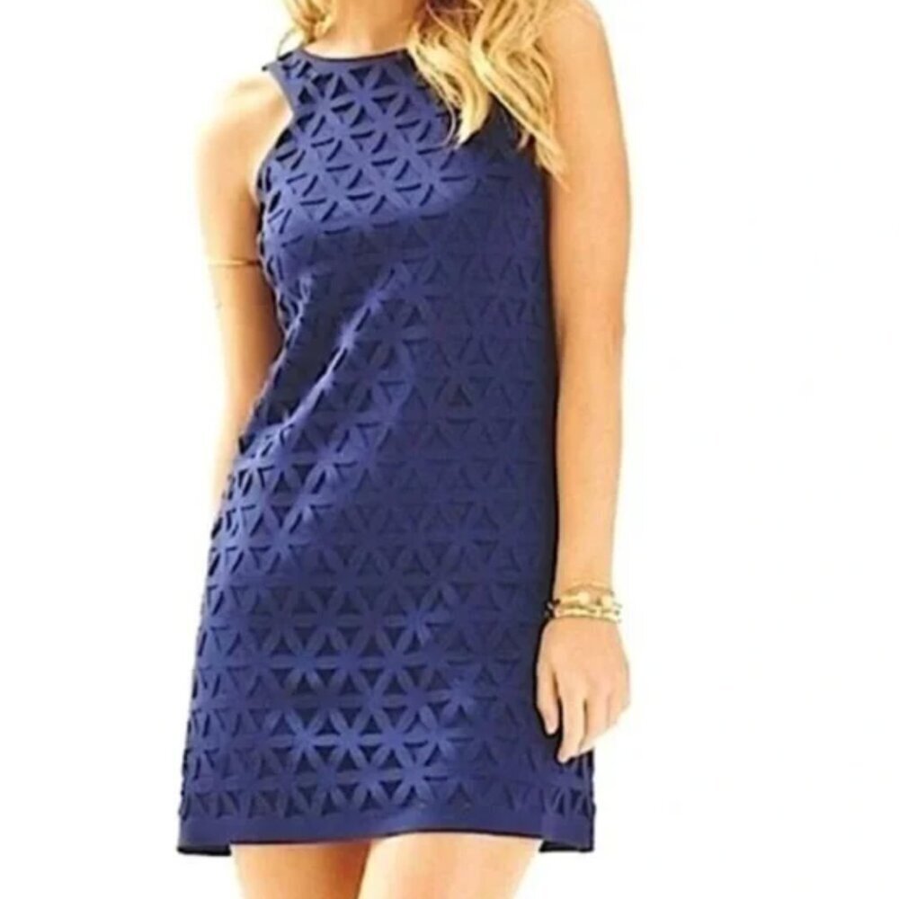 Lilly Pulitzer Mango Laser Cut Navy Blue Shift Dress Scuba Ponte Size Large